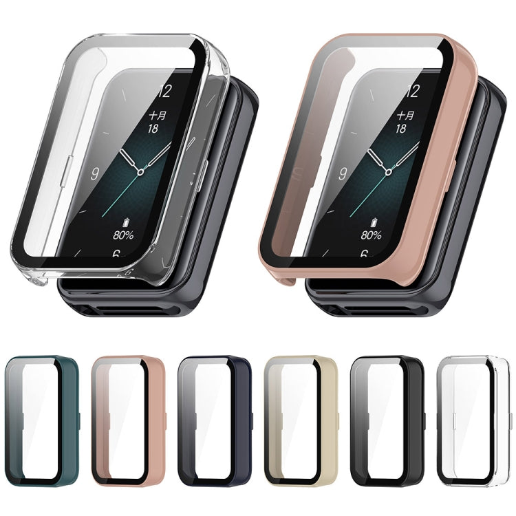Honor Band 9 screen protector cases in six colors, shown on and off the watch