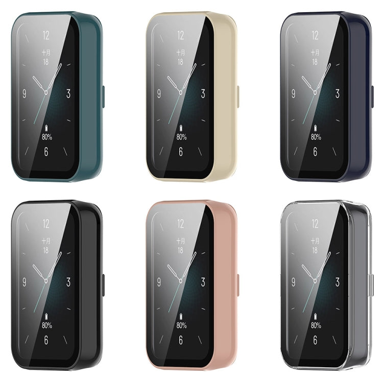 Protective watch cases with integrated screen protectors in six colors: green, ivory, navy, black, pink, and clear