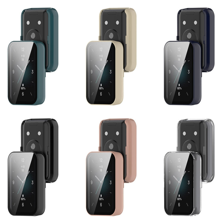 Six-color watch case set with integrated screen protectors, shown on watches and from the back
