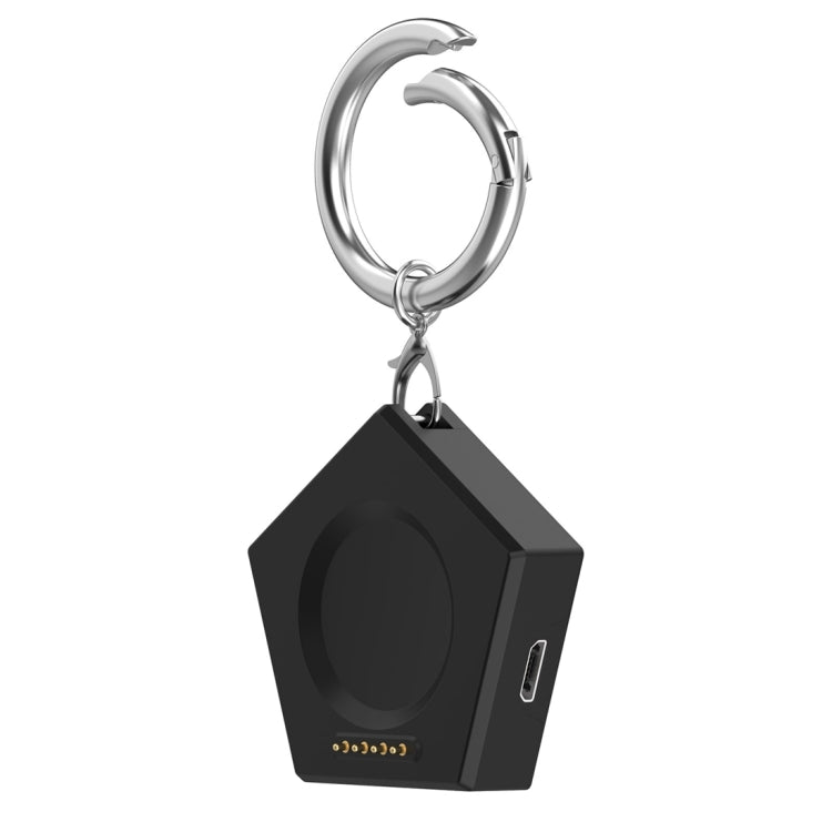 Black keychain smartwatch charger with round charging pad and gold contacts