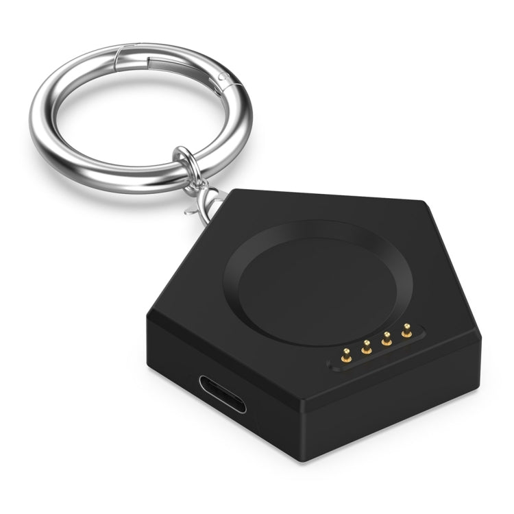 Black portable smartwatch charger with metal key ring, charging contacts and USB-C port
