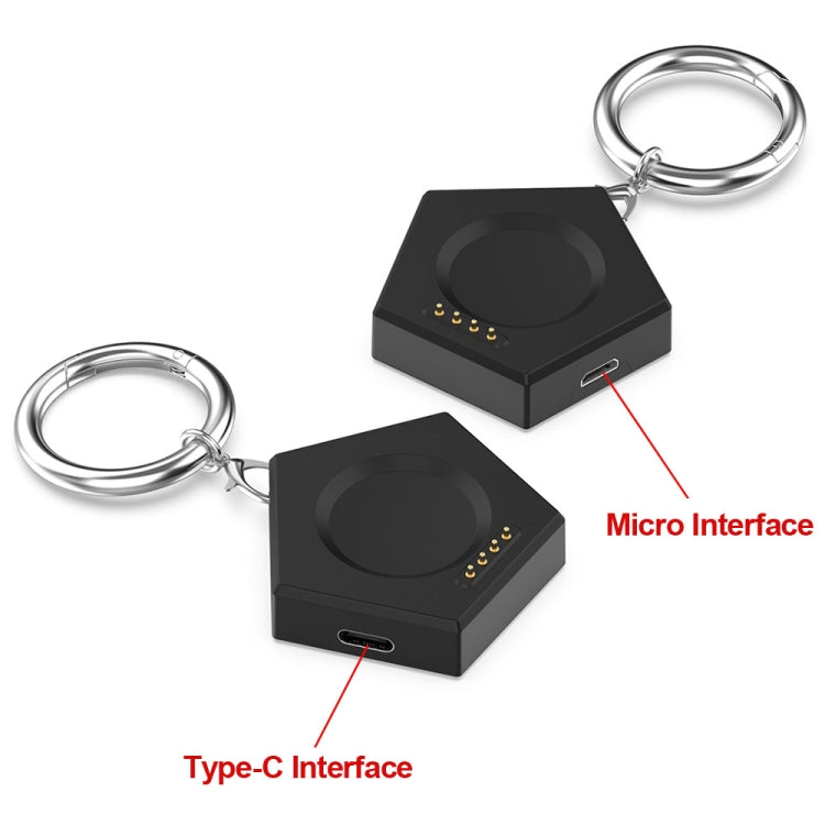 Two black keychain smartwatch chargers with USB-C and Micro USB ports