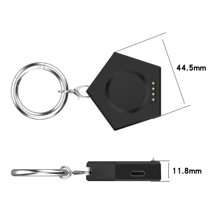 Black keychain smartwatch charger shown from above and side with dimensions