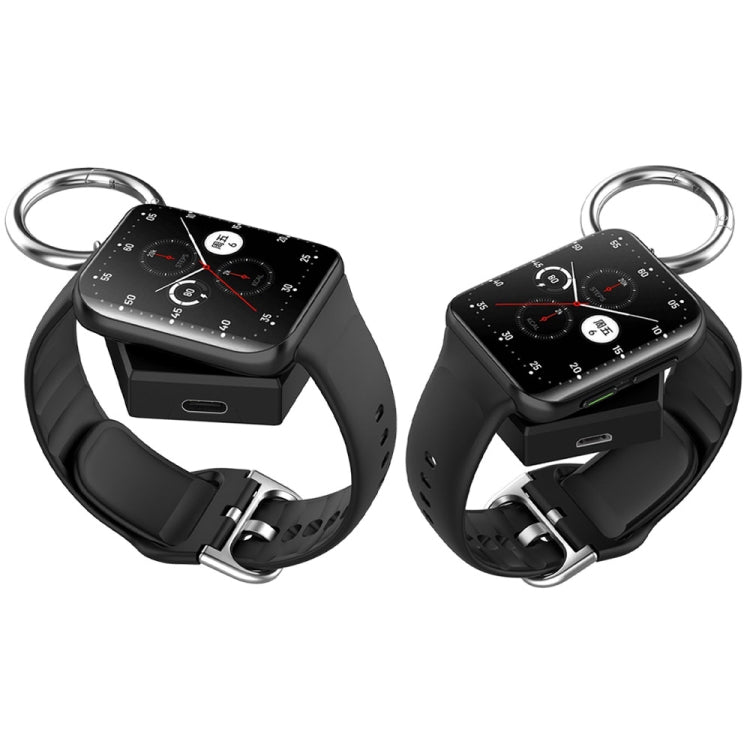 Black smartwatch charging keychain shown charging a watch from two angles