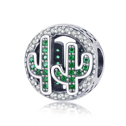 Cactus charm bead in sterling silver with green crystal inlay and pave detailing