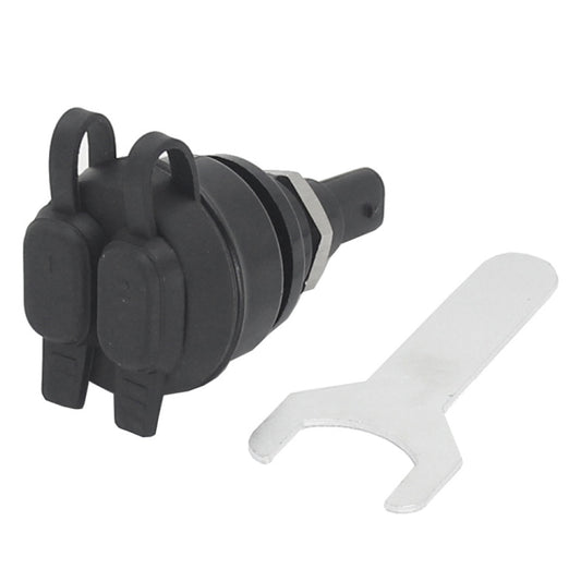 Motorcycle USB charger socket with black housing and mounting tabs, dust cover included