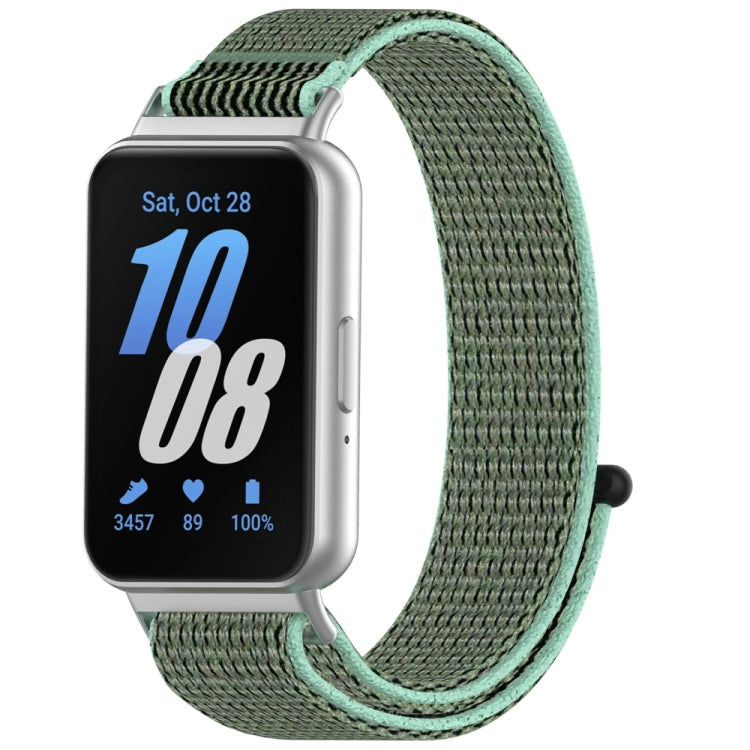 Green nylon loop watch band with mint edging, shown on a smartwatch