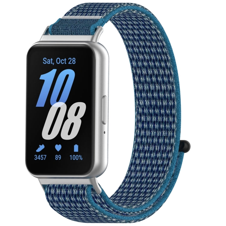 Blue woven nylon loop watch band with blue edging, shown on a smartwatch