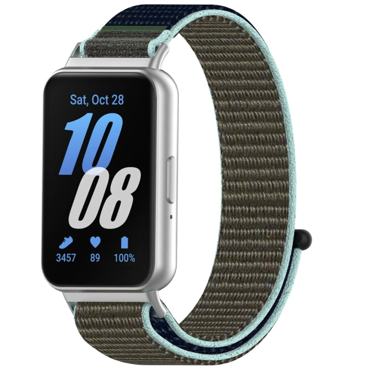 Olive nylon loop watch band with mint edging, shown on a smartwatch
