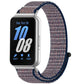 Multicolor woven nylon loop watch band with navy edging, shown on a smartwatch