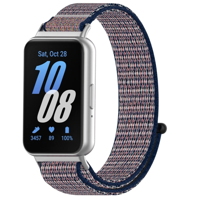 Multicolor woven nylon loop watch band with navy edging, shown on a smartwatch