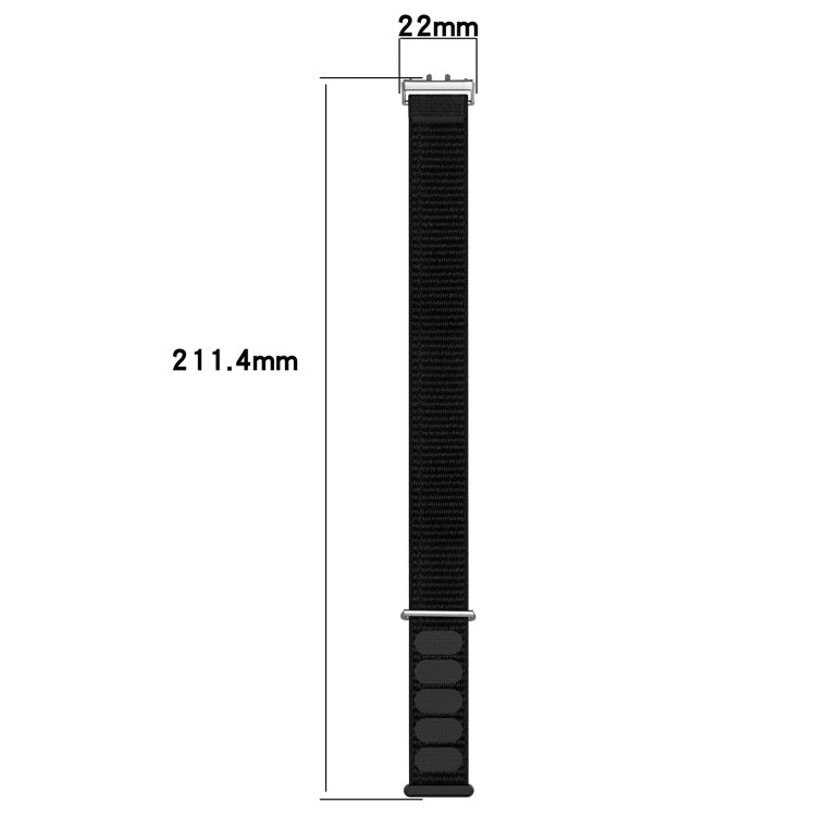 Black nylon hook-and-loop watch band, 211.4 mm long and 22 mm wide
