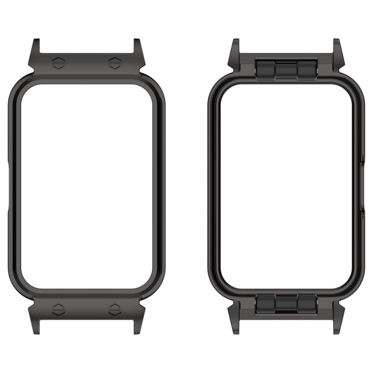 Black metal protective watch case frame shown from front and back