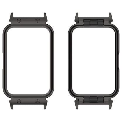 Black metal protective watch case frame shown from front and back