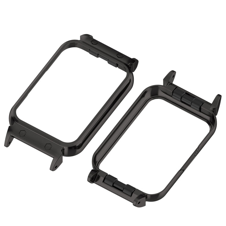 Black metal watch case frame shown at angled views