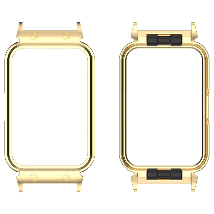 Gold metal protective watch case frame shown from front and back