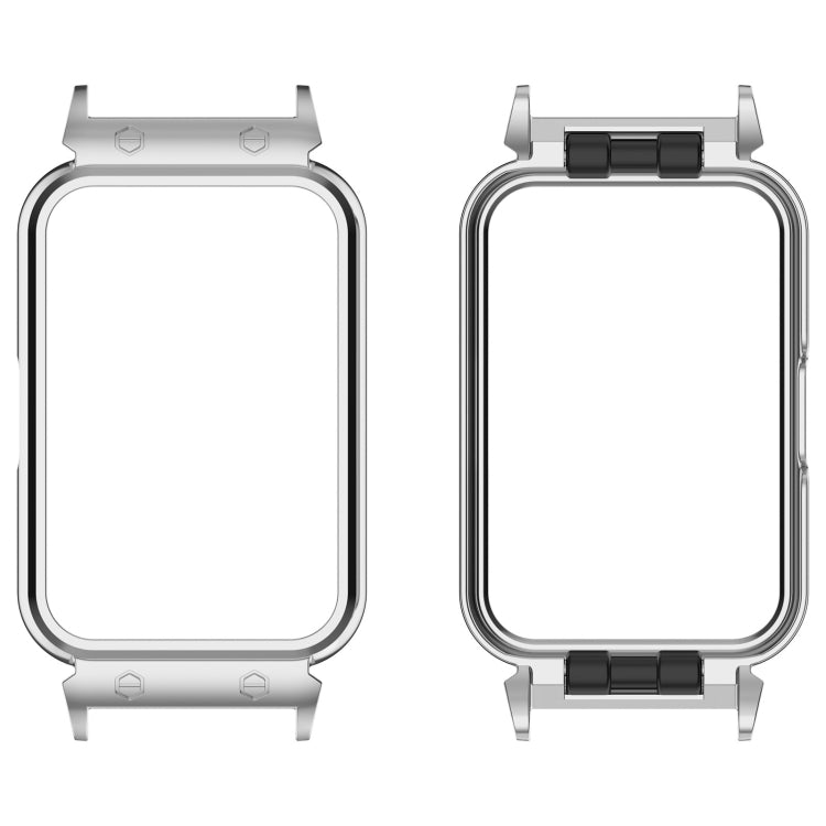 Silver metal protective watch case frame shown from front and back