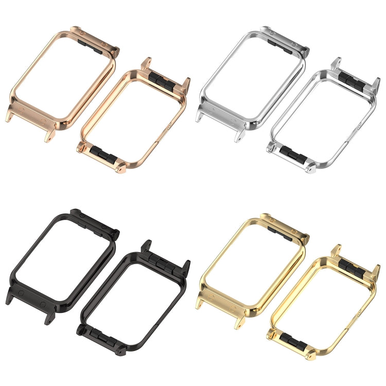 Metal watch case frames in rose gold, silver, black, and gold