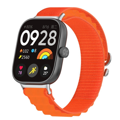 Orange nylon loop watch band attached to a smartwatch, front view.