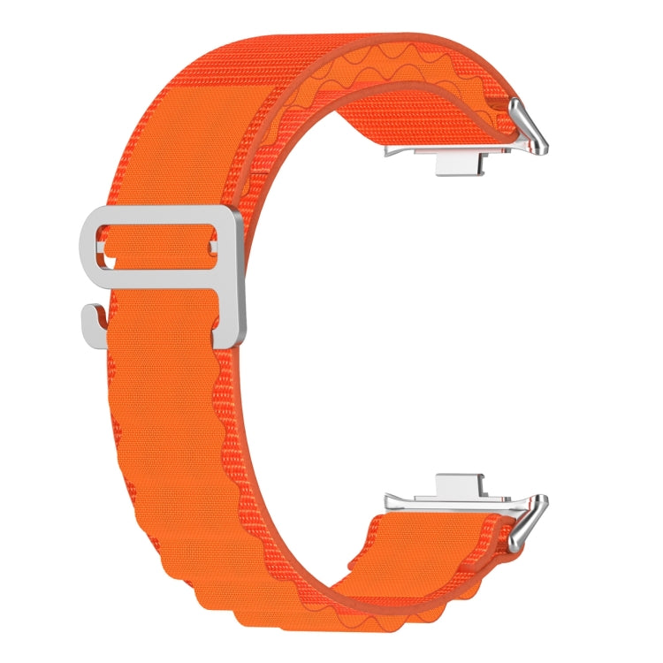 Orange nylon loop watch band with a metal buckle, shown without a watch.