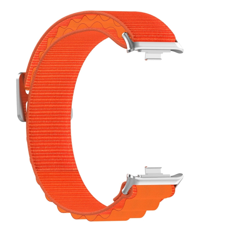 Orange nylon loop watch band with silver connectors, shown without a watch.