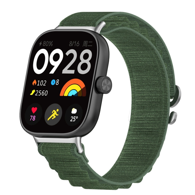 Green nylon loop watch band attached to a smartwatch.