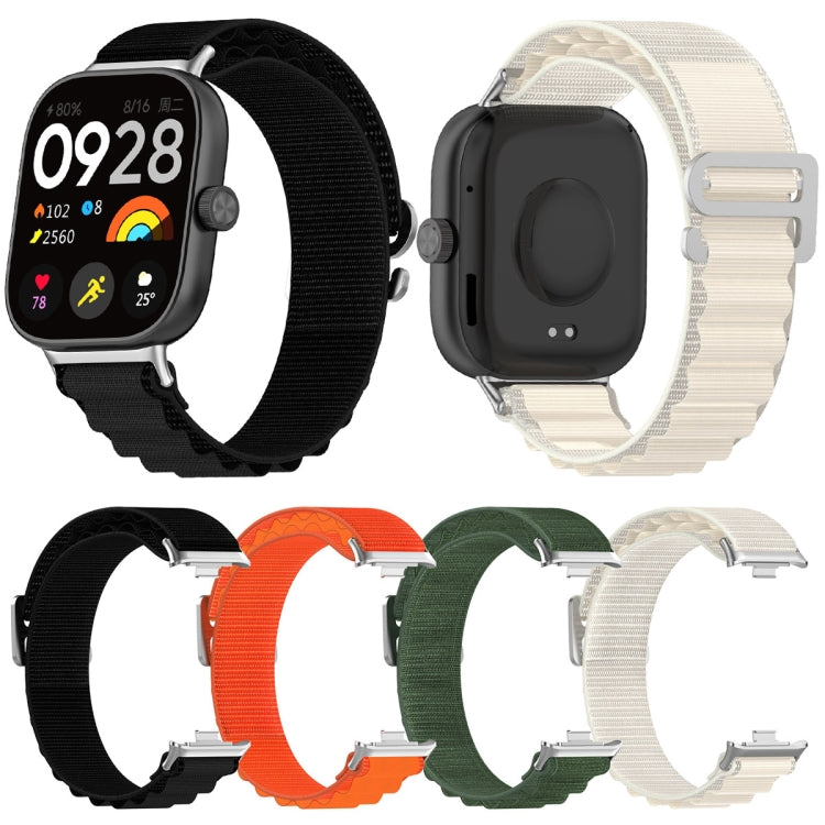 Nylon loop watch bands in black, orange, green, and starlight, shown with a smartwatch.