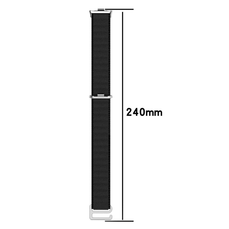 Black nylon loop watch band shown extended, with a length of 240 mm.