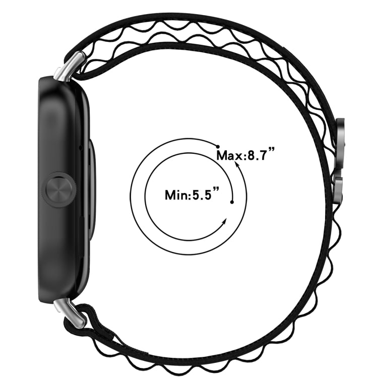 Black nylon loop watch band shown with wrist fit range from 5.5 to 8.7 inches.