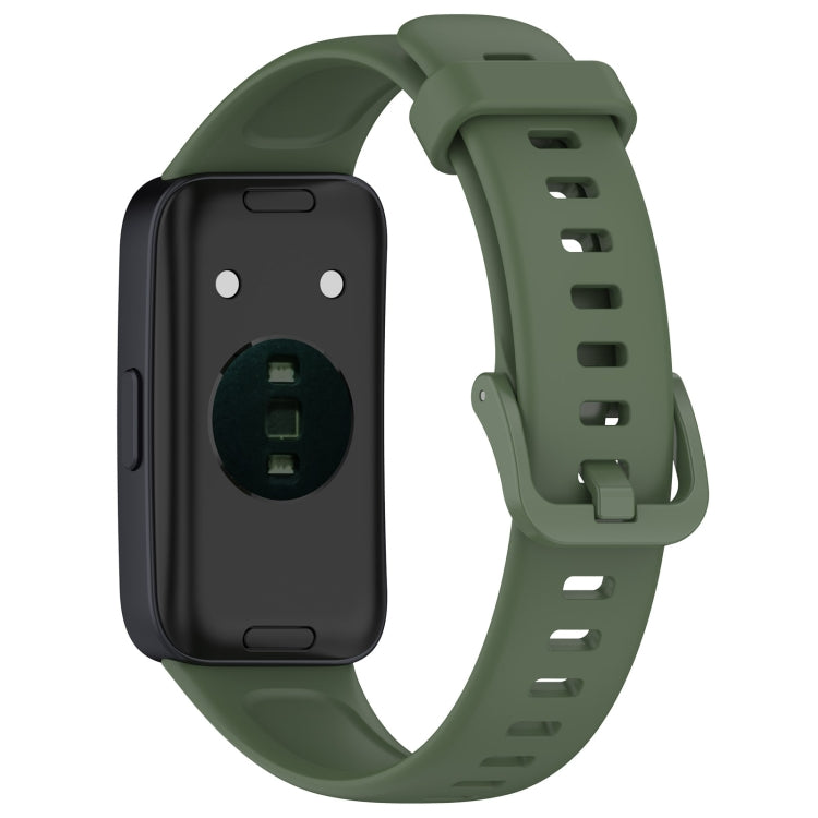 Dark green silicone watch band, rear view showing tracker attachment and buckle