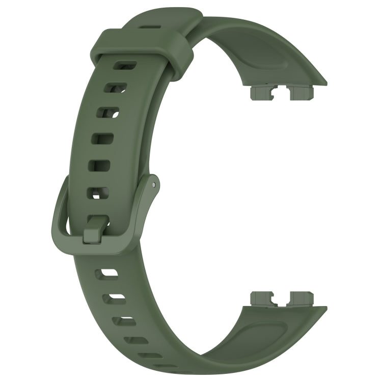 Dark green silicone watch band shown open, with adjustment holes and connector ends