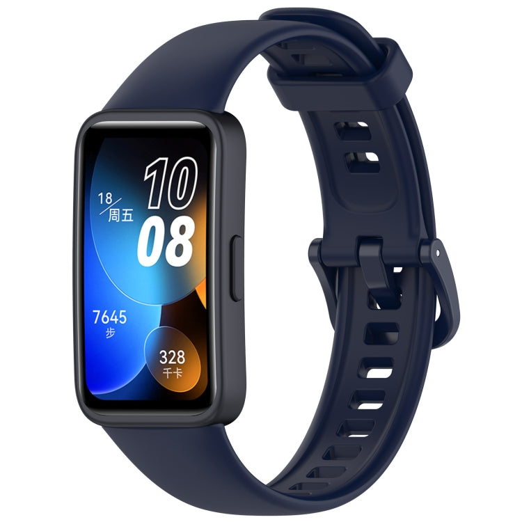 Dark blue silicone watch band with buckle, shown on a Huawei fitness tracker