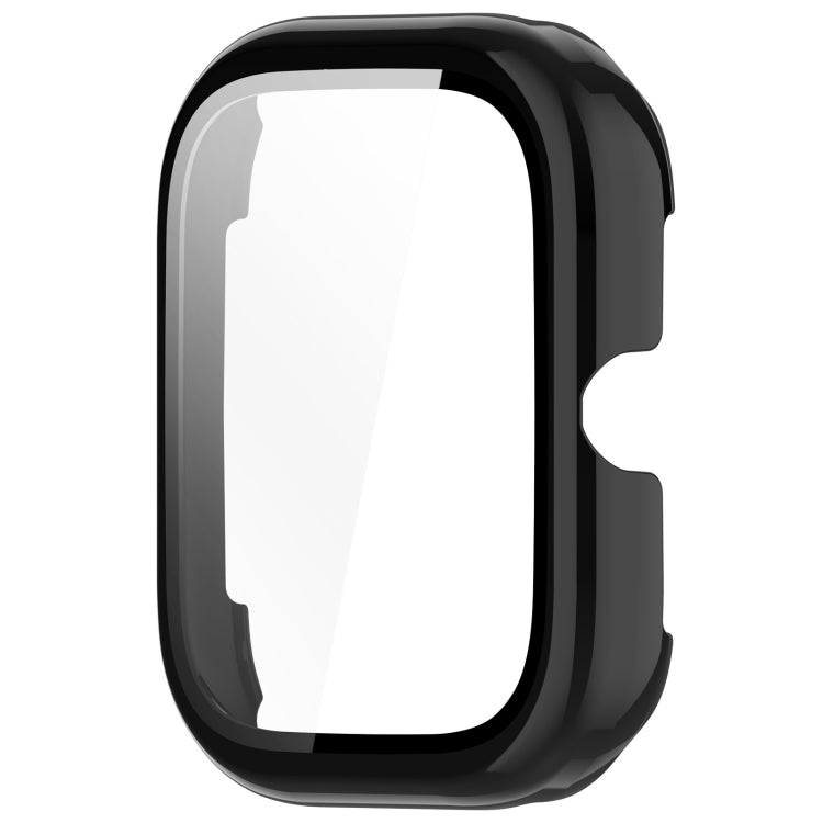 Black protective watch case with integrated clear screen protector, front view
