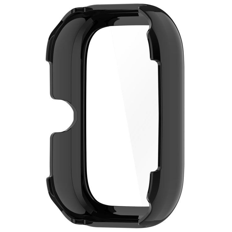 Black protective watch case with integrated screen protector, rear view