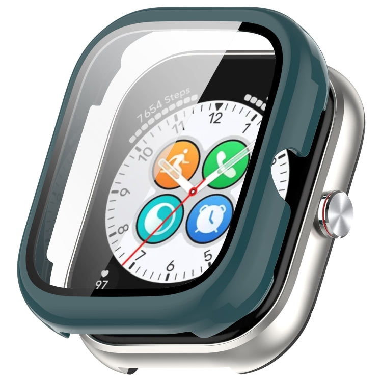 Pine green protective watch case with integrated screen protector on a smartwatch