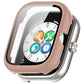 Pink protective watch case with integrated screen protector on a smartwatch