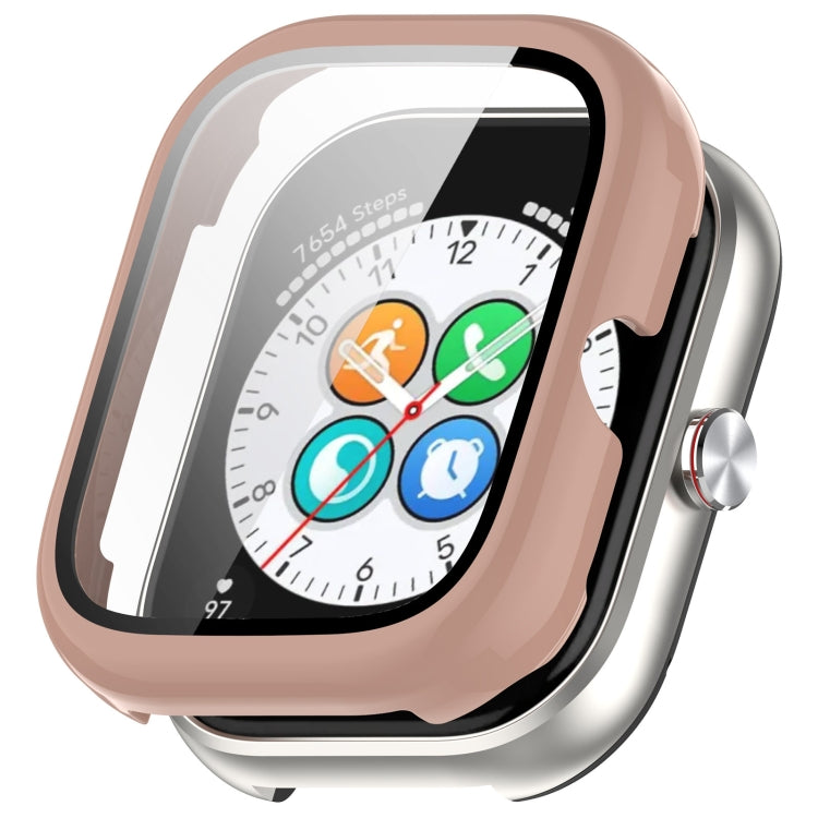 Pink protective watch case with integrated screen protector on a smartwatch
