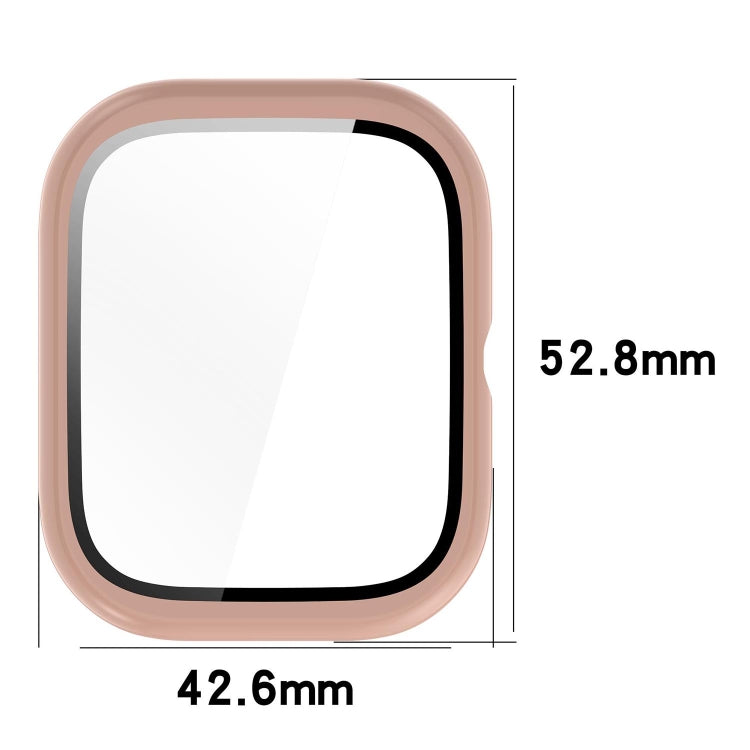 Pink protective watch case with integrated screen protector, shown with 42.6 by 52.8 mm dimensions