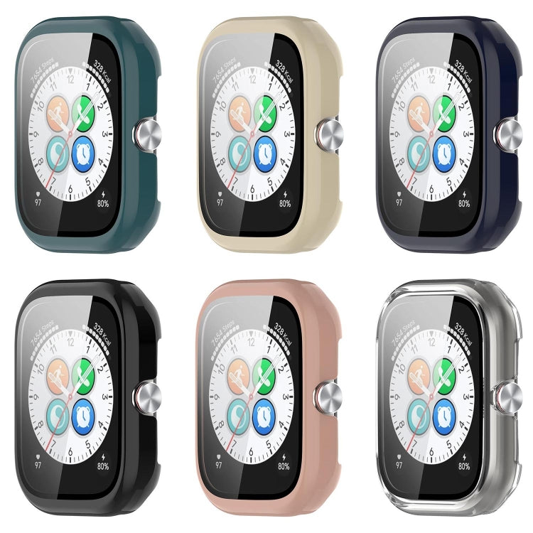 Protective watch case with integrated screen film, shown in six colors: green, ivory, navy, black, pink and clear.