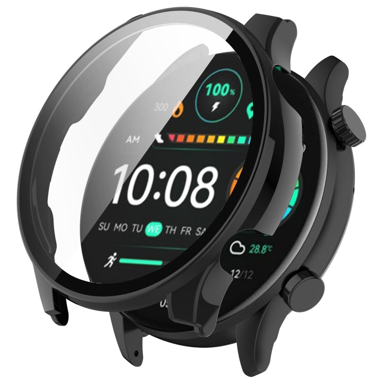 Black smartwatch protective case with integrated screen protector fitted on a watch