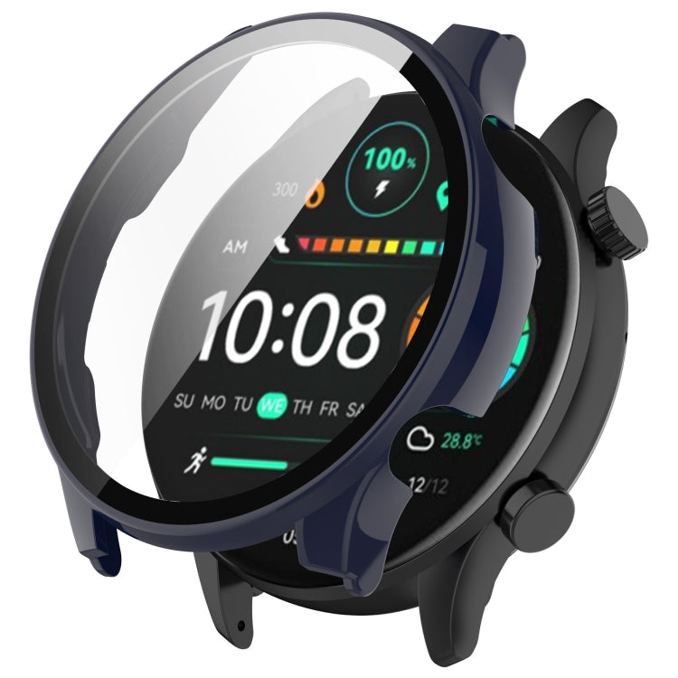 Navy smartwatch protective case with integrated screen protector fitted on a watch