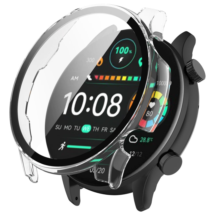 Clear smartwatch protective case with integrated screen protector fitted on a watch