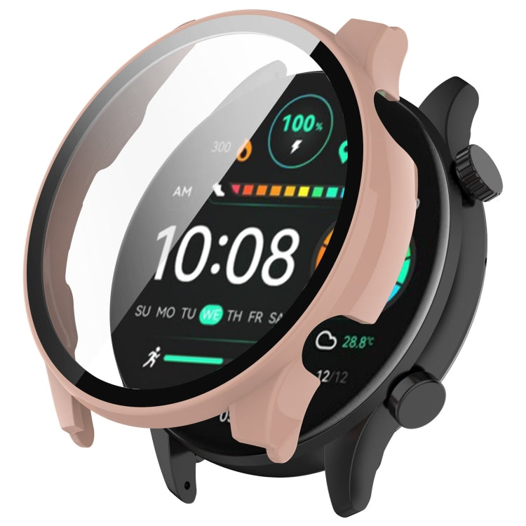 Pink smartwatch protective case with integrated screen protector fitted on a watch