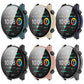 Protective watch case with tempered glass screen cover, shown in six colors on a round watch