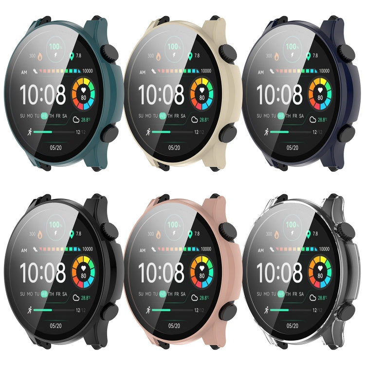 Protective watch case with tempered glass screen cover, shown in six colors on a round watch