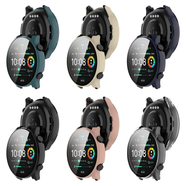 Protective watch case with tempered glass screen cover, shown from front and back in six colors