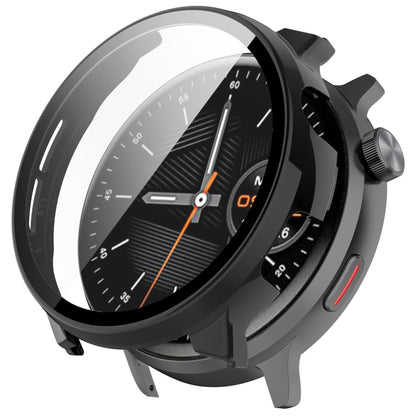 Black protective watch case with integrated screen protector fitted on a watch