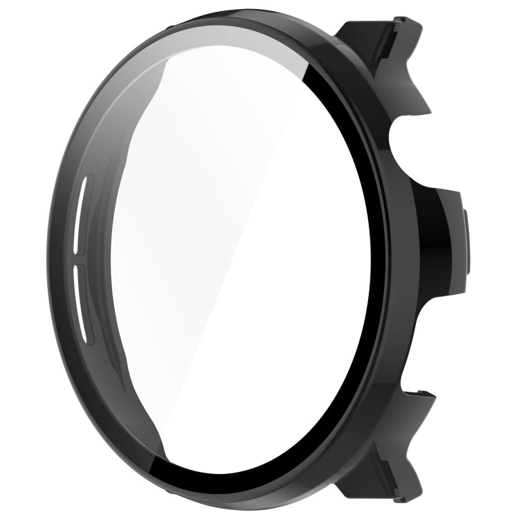 Black protective watch case with integrated screen protector, front view