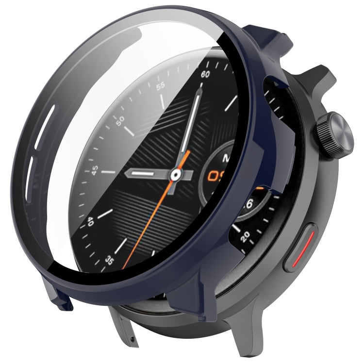 Dark blue protective watch case with integrated screen protector fitted on a watch