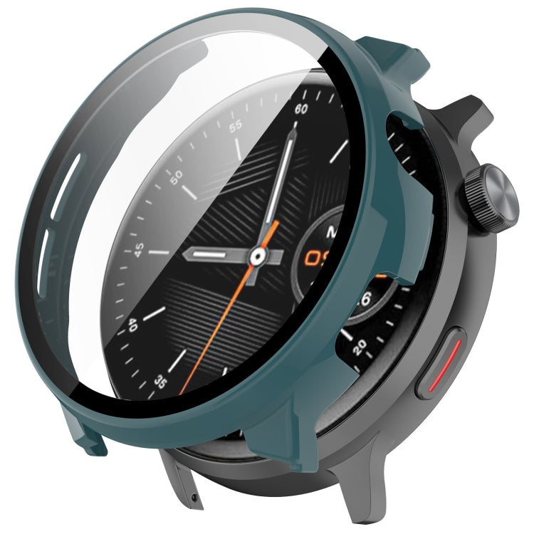 Teal protective watch case with integrated screen protector fitted on a watch